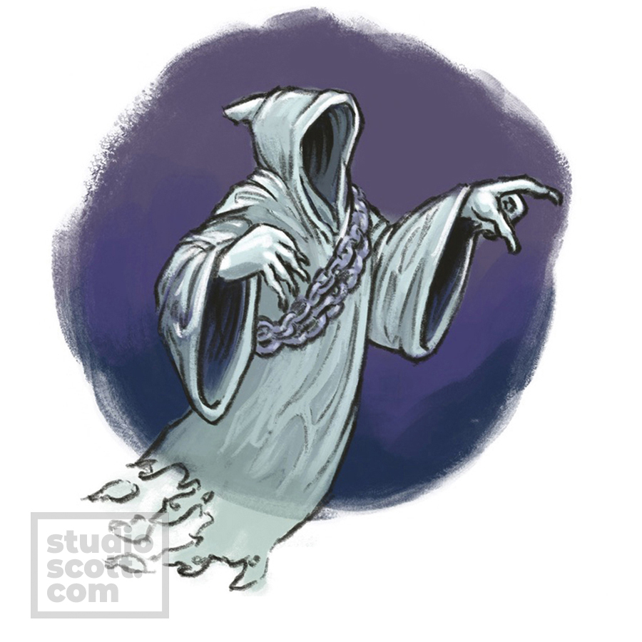A ghost in a hooded robe and chains reaches out with one hand to point at something.