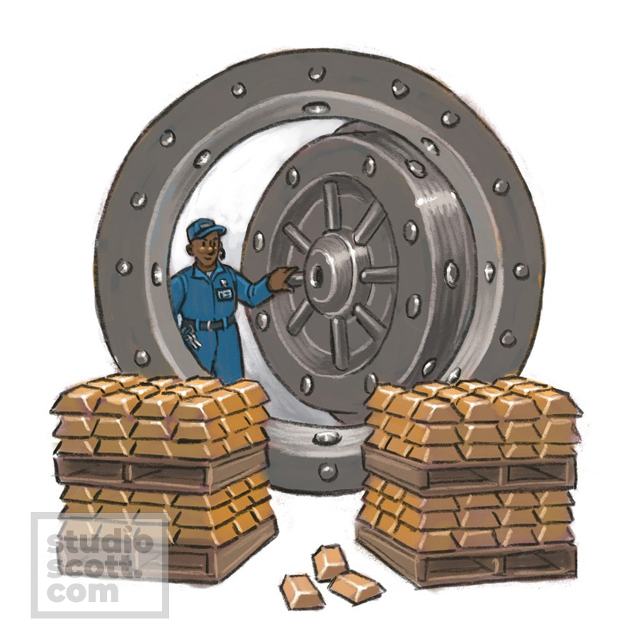 A smirking person in a janitor's uniform and a radio headset opens the door to a vault filled with gold bars.
