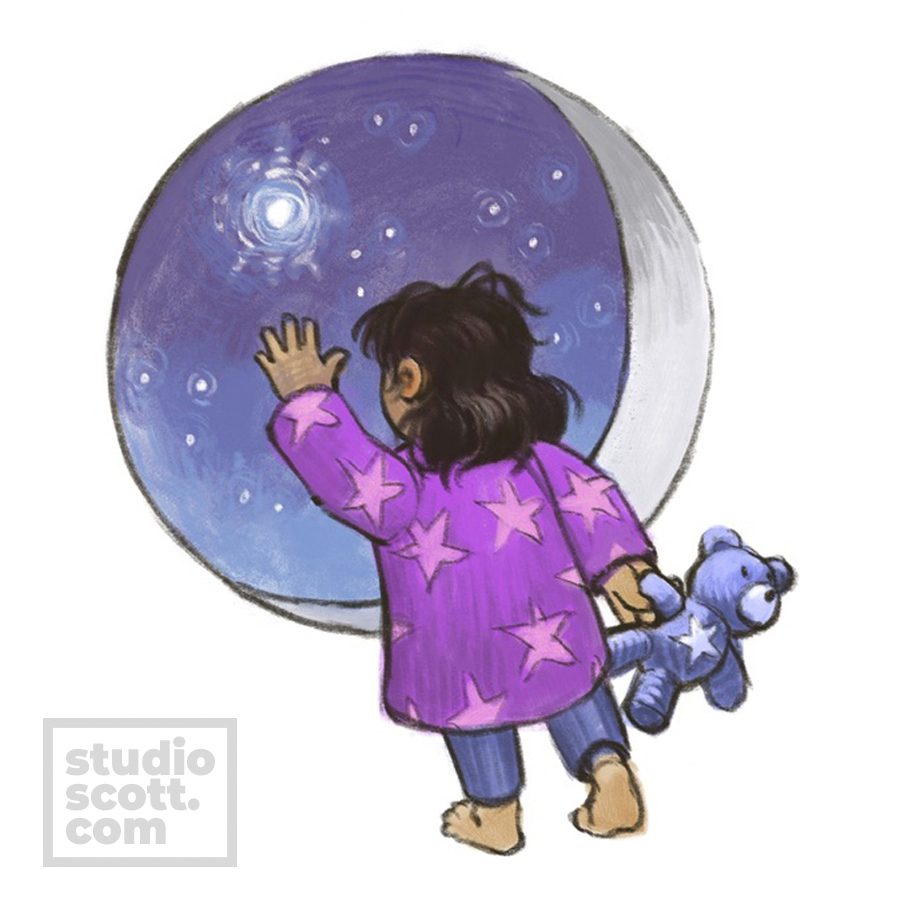 A child in starry pajamas reaches out towards a bright star in the sky. In her other hand, she holds a teddy bear with a star on its belly.