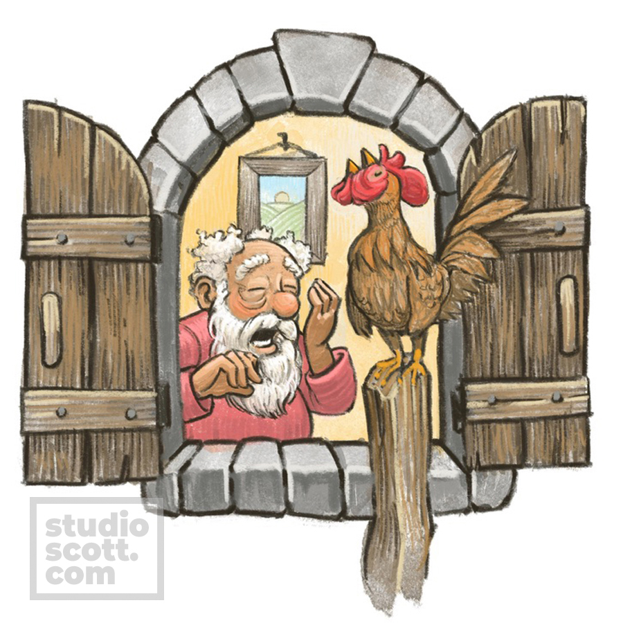A rooster crows on a fencepost. In the window behind him, an elderly farmer yawns and gets up.