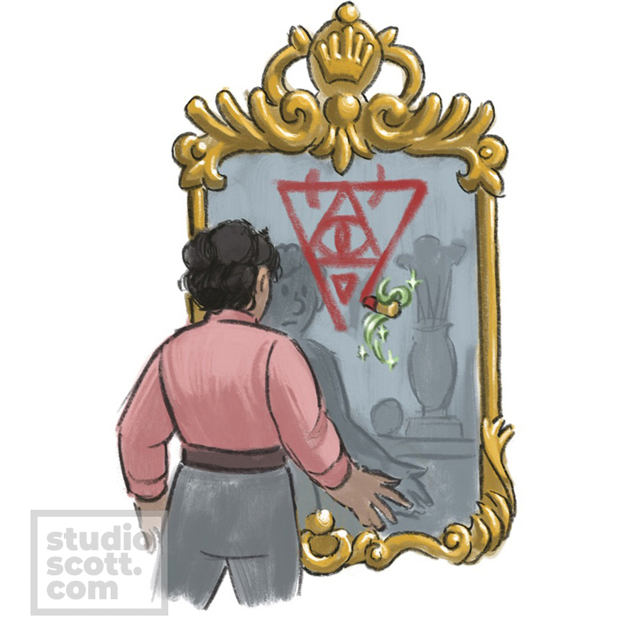 A person stands in front of an antique mirror. A floating tube of lipstick writes an occult symbol on the mirror.