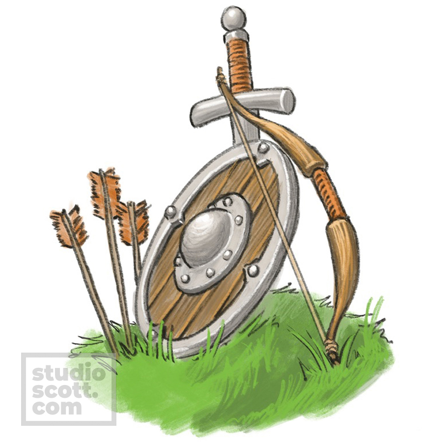 A sword, a shield, a bow and 3 arrows stand on a patch of grass.
