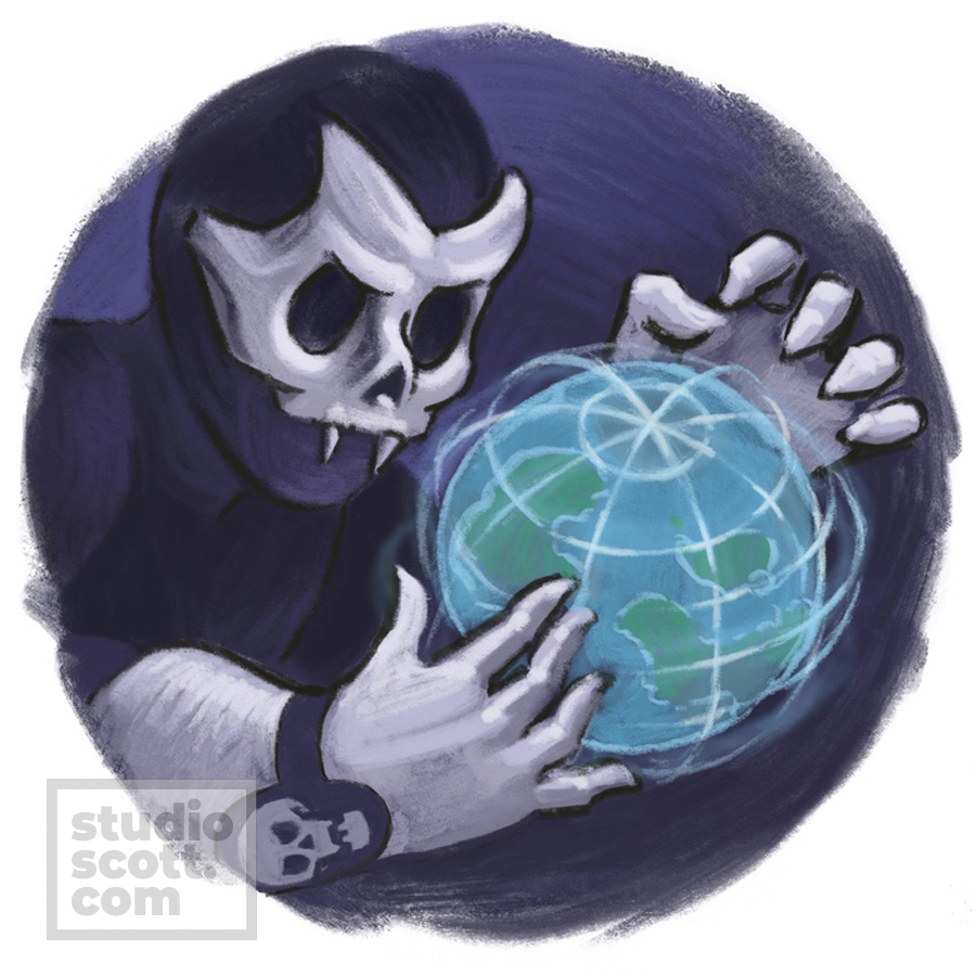 A supervillain in a skull mask reaches their hands around a hologram of a globe.