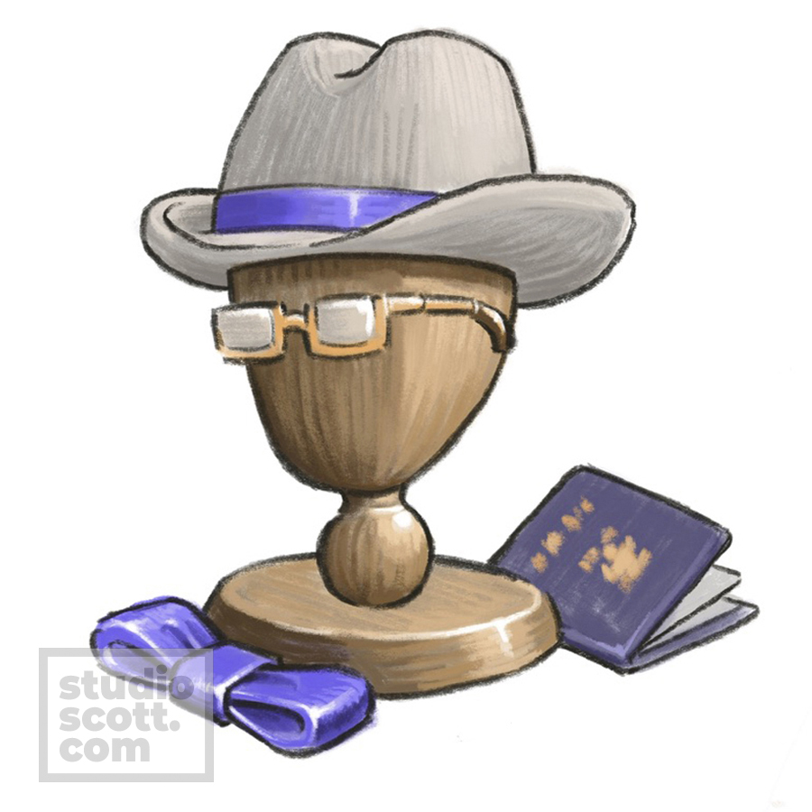 A hat and a pair of glasses on a wooden mannequin head. A bow tie sits in front of the mannnequin, and a passport sits behind.