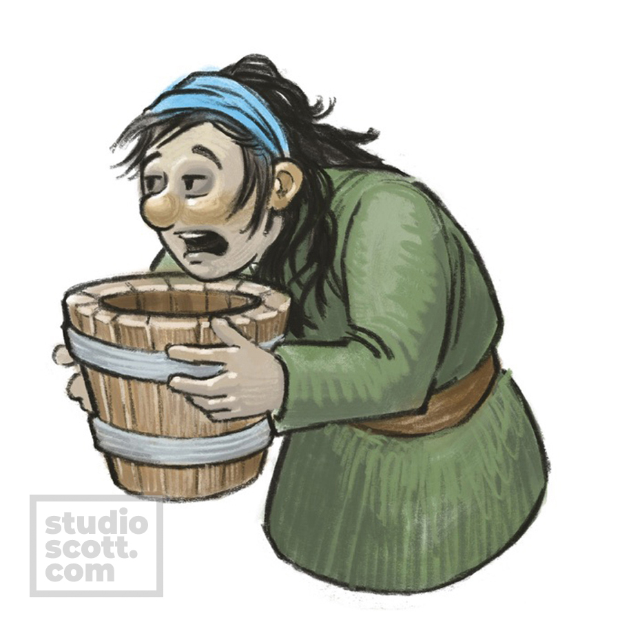 A sick person hunches over and holds a wooden bucket under her chin.